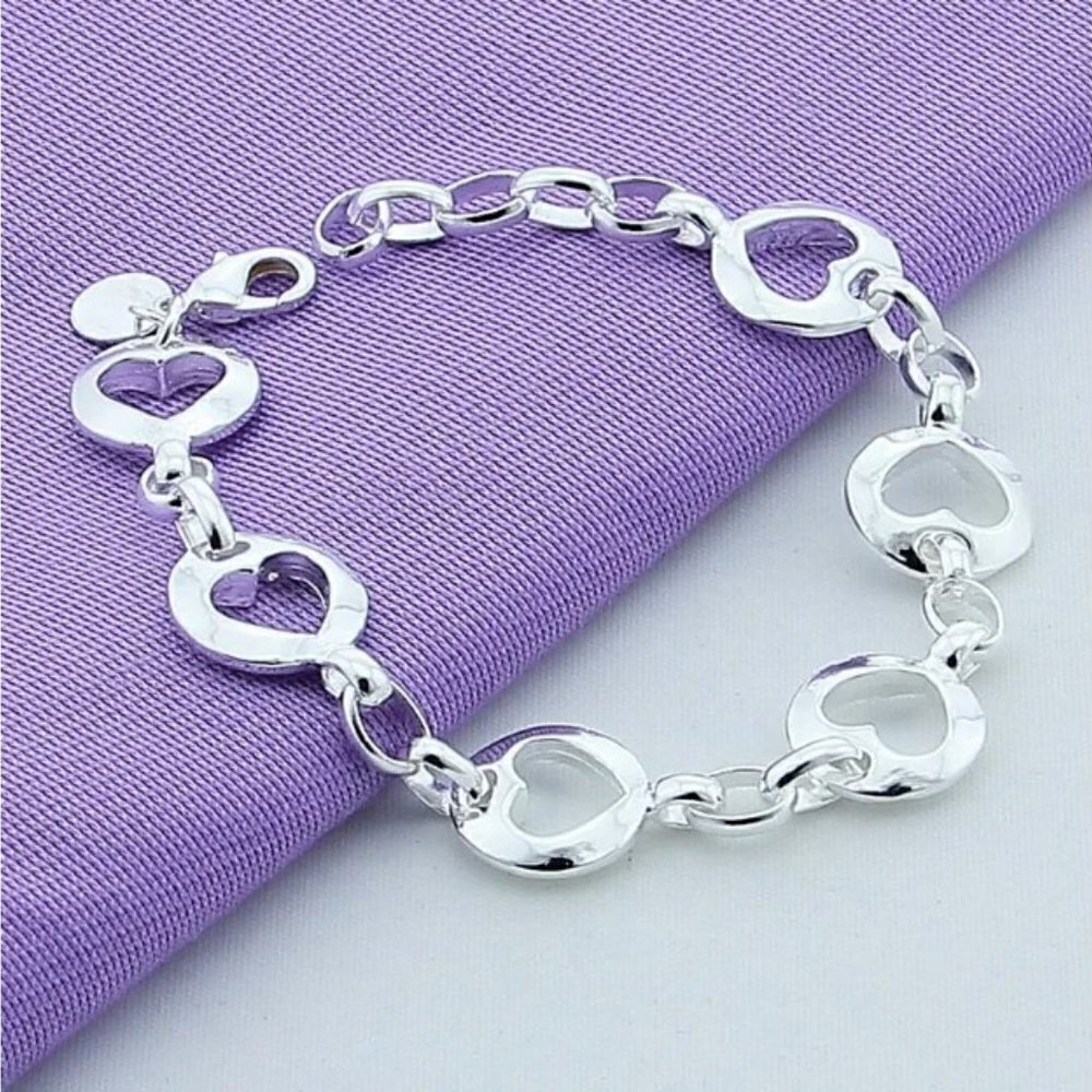 Sterling Silver 925 Smooth Round Bead with Heart Cutout Chain Bracelet #1176 - Picture 4 of 7